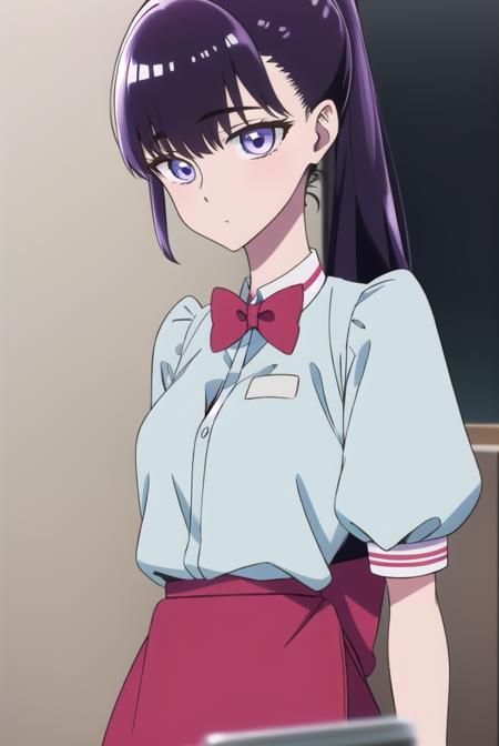 akiratachibana, <lyco:akiratachibana-lyco-nochekaiser:1>,
akira tachibana, long hair, bangs, black hair, (purple eyes:1.1),
BREAK skirt, shirt, bow, ponytail, short sleeves, puffy sleeves, bowtie, uniform, apron, red bow, blue shirt, waist apron, waitress, employee uniform,
BREAK looking at viewer,
BREAK indoors,
BREAK <lora:GoodHands-vanilla:1>, (masterpiece:1.2), best quality, high resolution, unity 8k wallpaper, (illustration:0.8), (beautiful detailed eyes:1.6), extremely detailed face, perfect lighting, extremely detailed CG, (perfect hands, perfect anatomy),