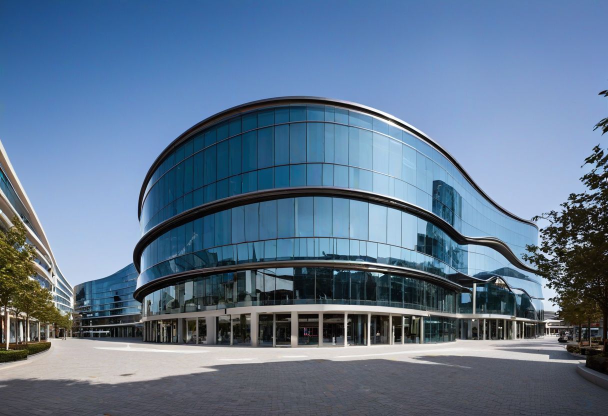 RAW photo of exterior view architectural photography,wavy curvy shopping mall, modern glass facade, steel structure ,archviz rendering style