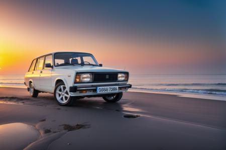 <lyco:VAZ2104:1.0>  VAZ2104 cabriolet car angled view parked on a beach, at sunset, warm light, global illumination, volumetric lighting, highly detailed, insanely detailed, absurdres, best quality