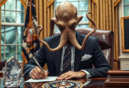 president cthulu in a sharp pin striped suit posing for presidential portrait in the oval office, real photograph, signing bill, empty eyes, lovecraftian, vote for cthulu photorealistic, correct hands, correct fingers, seal of the president of the united states, ad to vote, republican, election, decorative otherworldly crystal on desk