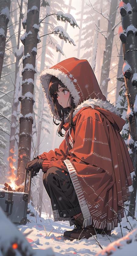 1girl, solo, snow, long hair, hood, fire, outdoors, brown hair, boots, snowing, from side, tree, suitcase, cloak, blurry, hood up, forest, gloves, nature, brown eyes, red gloves, squatting, closed mouth, hooded cloak, winter, depth of field, black footwear, red cloak
 <lora:snowlight-000007:1>