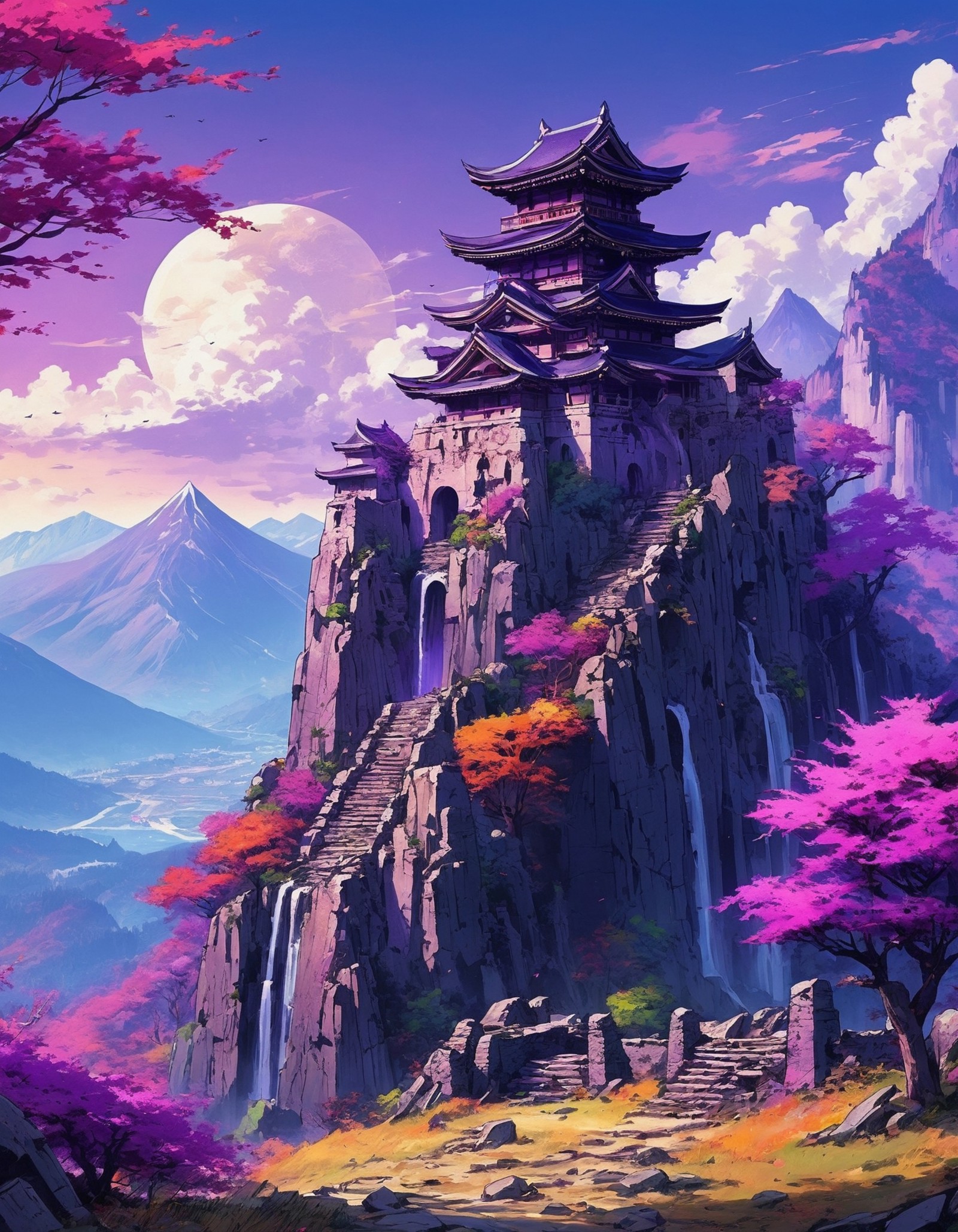 masterpiece, anime style, sharp, no humans, perfect landscape, mountains, purple trees, ruins, vibrant, colorful