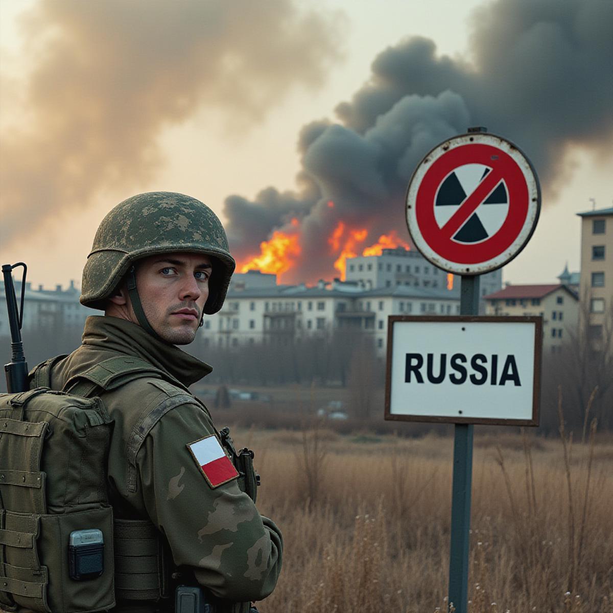 Ultra high quality, very detailed , russian city destroyed by nuclear disaster , buildings on fires , man soldier   looking at camera , wearing a poland military suit with no helmet standing near city white sign with the text "RUSSIA" written on it , nuclear warning sign,