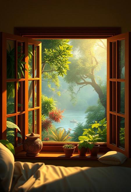 Cozy home window scene overlooking a vibrant jungle with a serene lake, warm natural lighting, highly detailed, photorealistic, digital painting, lush greenery, tranquil atmosphere, by Thomas Kinkade and Eyvind Earle, 4k resolution, masterpiece
