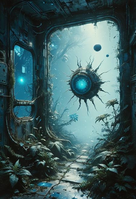 Abandoned space station, zero gravity, floating debris, overgrown with alien flora, bioluminescent plants, eerie blue glow, cracked windows revealing stars, high detail, high resolution, otherworldly beauty, sense of isolation, mysterious atmosphere, detailed textures, cinematic lighting <lora:Desolation:0.4>, <lora:The_Horror_Style:0.4>, <lora:ral-dissolve:0.4>, ral-dissolve, <lora:ral-frctlgmtry:0.4>, ral-frctlgmtry