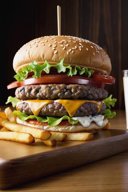 Photo of delicious looking burger and fries on table, photorealistic, hyper quality, intricate detail, masterpiece, 8k,