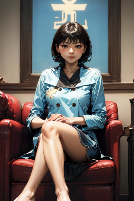 Ozu, 1girl, short hair, black hair, blue shirt, short skirt,
