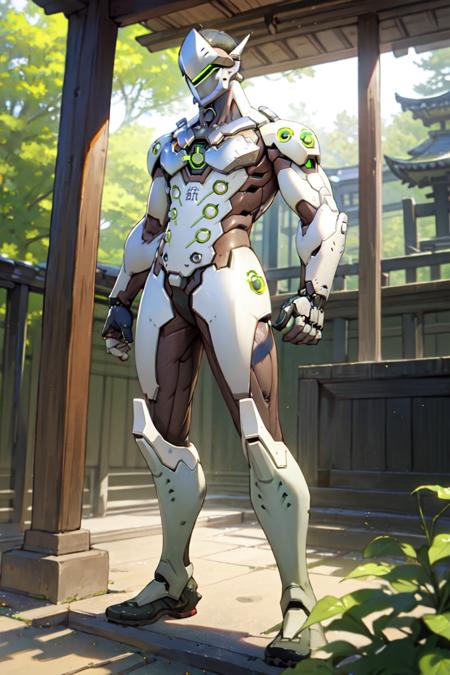 genji, solo, bodysuit, cyborg, visor, helmet, boots, standing, japanese temple, sunllight, deep colors, best quality,  <lora:genji:0.7>