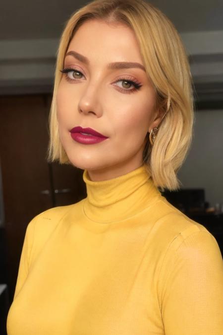 Portrait photo of lu1z4p0ss1, yellow turtleneck blouse, in a tv show, makeup, lipstick