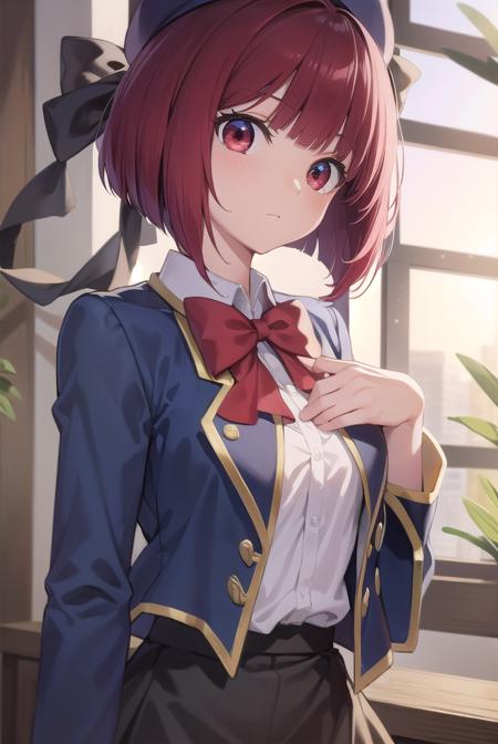 kanaarima, <lyco:kanaarima-lyco-nochekaiser:1>,
kana arima, bob cut, (red eyes:1.5), red hair, short hair,
BREAK beret, blue headwear, blue jacket, blue vest, hat, jacket, pantyhose, ribbon, school uniform, skirt, vest, youtou high school uniform,
BREAK looking at viewer,
BREAK indoors, classroom,
BREAK <lyco:GoodHands-beta2:1>, (masterpiece:1.2), best quality, high resolution, unity 8k wallpaper, (illustration:0.8), (beautiful detailed eyes:1.6), extremely detailed face, perfect lighting, extremely detailed CG, (perfect hands, perfect anatomy),