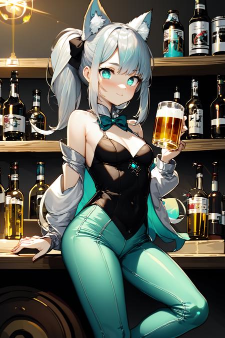 1girl, medium breasts, squirrel ears, magic circle, hair bow, comb over, (shimmer hair:1.21551), glowing hair, (iridescent silver hair:1.05), (hair \(houseki no kuni\):1.15763),, light aqua eyes, suit, pants,  bar, mugs of beer, shelves of alcohol
BREAK
(exceptional, best aesthetic, new, newest, best quality, masterpiece, extremely detailed, anime, waifu:1.2)