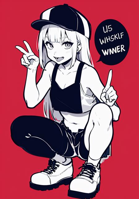 Monochrome, red background, a girl, duck tongue cap, navel exposed outfit, hot pants, hippie style, rock, squat, bow, Winner gesture, (from front: 1.3),