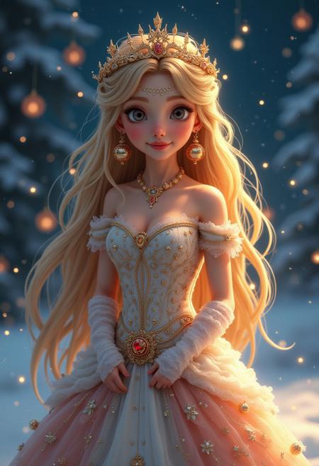 medium shot, of a beautiful girl, wearing an intricate princess dress, christmas princess, blonde long hair, digital art style, christmas ornaments, starry winter night background