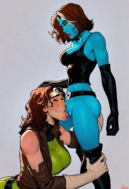 score_9, score_8_up, score_7_up, BREAK, xmen, 2women, Rogue, yellow and green bodysuit, brown jacket, , brownhair with a grey streak, ,large breasts, breasts, mystique, yellow sclera, no pupils, blue skin, elbow gloves, white gloves, lipstick, dress, pelvic curtain, thigh boots, belt, forehead jewel, skull, ass, seducing rogue,  cleavage, tank top, black shirt, bare shoulders, black gloves, midriff, black pants, eating pussy, cunnilingus,
