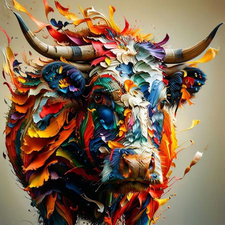 This vibrant, eye-catching image presents a captivating and boldly stylized depiction of a highland cow. The use of vivid, contrasting colors - the fiery orange and red hues against the rich, earthy tones of the animal's fur - creates a striking, almost electric visual impact.
The expressive, almost impressionistic brushwork lends a sense of movement and energy to the composition, giving the impression that the animal is alive and dynamic on the canvas. The bold, abstract patterns and textures that cover the buffalo's body add an intriguing layer of visual interest and depth.
The centered composition, with the buffalo's head and horns filling the frame, draws the viewer's attention directly to the powerful, intense gaze of the animal. This direct eye contact creates a sense of engagement and connection between the viewer and the subject, inviting contemplation and interpretation.
The overall impression is one of raw, primal power and energy, suggesting themes of strength, resilience, and the untamed essence of the natural world. This image could serve as a highly versatile prompt for a range of creative endeavors, from written narratives and poetic explorations to further artistic interpretations in various media.
The vibrant, almost hallucinatory quality of the colors and the dynamic,