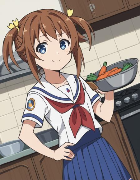 akeno misaki, ribbon, short hair, blue eyes, brown hair, twintails, hair ribbon, skirt, school uniform, short sleeves, pleated skirt, serafuku, socks, blue skirt, neckerchief, red neckerchief, white sailor collar,