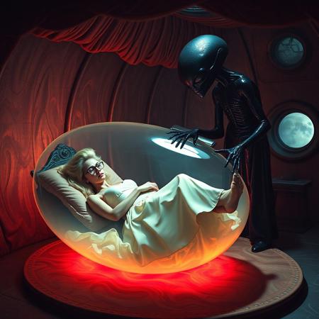 Terrified blonde secretary, clad in a  1950s long delicate silk slip, her glasses askew,  hands tied to headboard,   laying encased in transparent slime filled  jelly egg under lush canopy, reflecting the faint glow of the weird alien lord laboratory. Glossy fluffy  high heels a stark contrast to her distress, as a towering, human-like alien in a glossy black slime baroque  robe looms over her, its long fingers caressing the egg surface.The walls appear to be alive, covered in a pulsing, iridescent slime, while giant observation portholes gaze in like empty eyes, as if the very darkness of space itself is watching this horrific scene unfold. Inspired by the dark, industrial sci-fi of H.R. Giger, the eerie, atmospheric lighting of Zdzisław Beksiński, and the surreal, biomechanical nightmares of Francis Bacon.