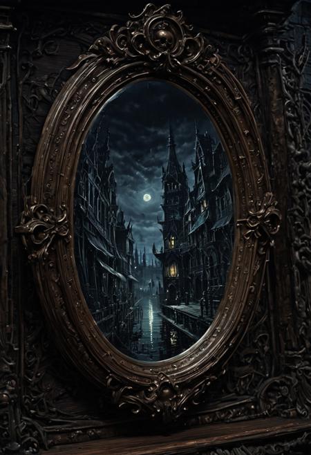 Victorian modern architecture, the city of Yharnam is inside the small mirror, The small mirror is centered, bloodborne, oil painting, done with japanese brush technique, realistic, extreme detail, scary, terrifying, dark and warm environment, 8k, looking at viewer, ominous, looming, eldritch
<lora:EpicF4nta5yXL:0.8>
