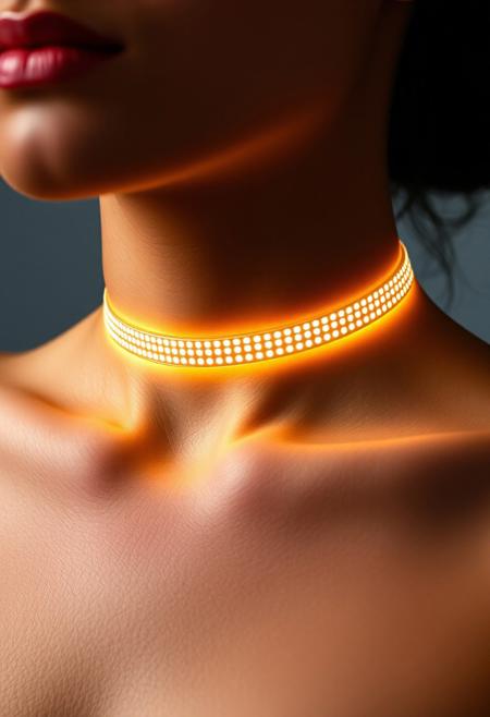 subdermal LED choker necklace, (internal LED glow:1.7), (embedded LEDs:1.6) forming a sleek, iconic choker pattern beneath the skin, glowing light along the collarbone and neck, (classic choker jewelry design:1.6), natural skin tone with light diffusion, (highly realistic skin texture:1.7), elegant and bold, high-definition, (light radiating through the skin in choker shape:1.5), seamless integration of LED glow with skin, (worn jewelry:-1.8), (visible necklace:-1.8), (unnatural glow:-1.5), smooth light transitions, advanced subdermal technology, modern and versatile, perfect for both casual and formal settings