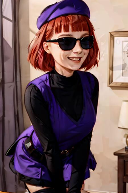 <lora:Judy Funnie V2:0.7> judy_funnie, red hair, sunglasses, shaved sides of head, purple beret, purple dress, black undershirt, long sleeves,  indoors, smile, black stockings, day time, close up, realistic, <lora:Add_realism_kilprt:0.75> <lora:add_detail(realistic):1.5>