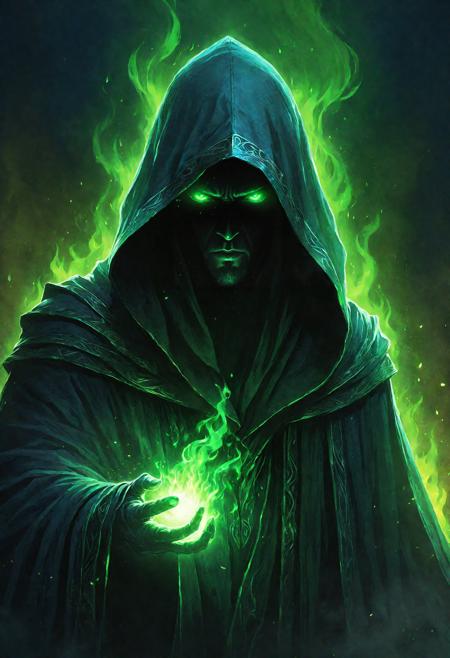 A mysterious figure cloaked in tattered, dark robes, with glowing green eyes peering out from beneath a hood. Their form seems to blur and fade into shadows. green embers float in the background while blue flames swirl in the background, A beautiful fantasy digital painting, trending on artstation, highly detailed, by Greg Rutkowski and James Gurney