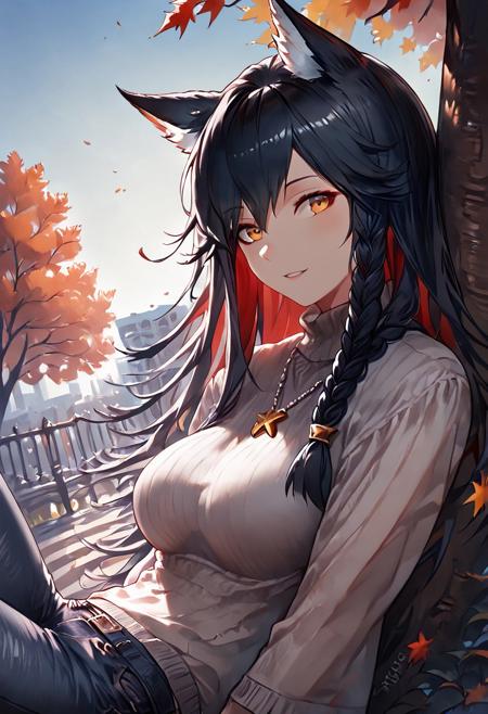 1girl, texas (arknights), female, young, wolf girl, wolf tail, wolf ears, animal ear fluff, amber eyes, multicolored hair, black hair, red inner hair,  slender body, (medium breasts:1.2, round breasts, perfectly shaped breasts), sweater, denim pants, (petite body:1.4), happy, looking at viewer, park, laying against a tree, taut clothing, headshot, extremely tight shirt, inviting expression, side view, jeweled necklace, dutch angle, dark eyeliner, autumn colors, cornrow braids, head turned, score_9, score_8_up, score_7_up, (masterpiece, best quality, very aesthetic, ultra detailed), intricate details, beautiful face, detailed eyes, detailed background, granblue_fantasy_style_xl, expressiveh, light from above