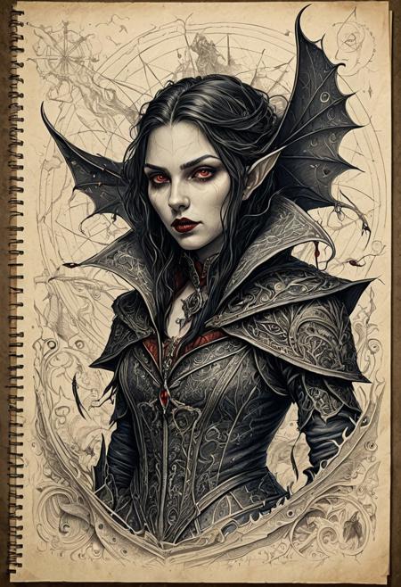 Finely detailed vector illustration, biological study, female Vampire, vetruvian style, ultra realistic quality, an explorer's pencil drawing, parchment background, hyperdetailed, intricately detailed, muted colors,fantastical,intricate detail,splash screen, fantasy concept art, 8k resolution, masterpiece, ink on old paper, calligraphy,