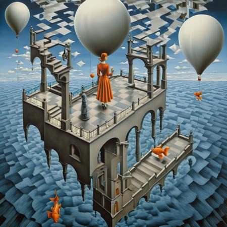 <lora:FF-Style-Rafal-Olbinski.LORA:1> in the style of rafal oblinski, painting of a beautiful woman with a balloon and a goldfish, impossible staircases, intricate world of optical illusions and impossible geometries, an optical paradox, hyperdetailed, detailed, oblinski painting, escher style, expanded surrealism, pop surrealism, symbolism, surrealist art, perfect composition, abstract, innovative, mesmerizing and thought-provoking masterpiece, art by escher, <lora:Escher_Blend:1.2> <lora:xl_more_art-full_v1:0.8>