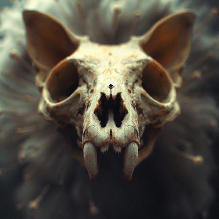(cat skull:1.2). vacuum black holes in the eye sockets suck in threads of matter surrounding the skull. fish eye effect, motion zoom blur effect, panpsychism