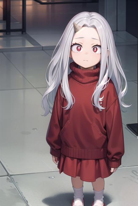 eri, long hair, (red eyes:1.5), grey hair, horns, child, single horn, female child, shirt, long sleeves, dress, white shirt, collared shirt, red dress, pleated dress, short sleeves, hospital gown, skirt, long sleeves, socks, sweater, red skirt, turtleneck, slippers,