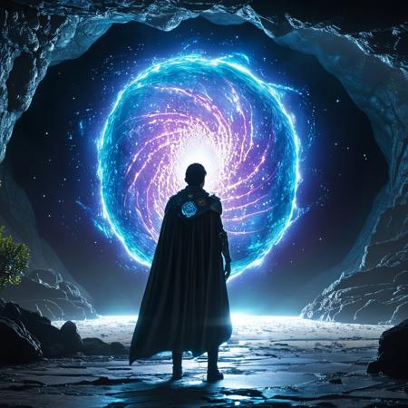 <lora:2020s_Sci-Fi_MovieSDXL:1> ArsMovieStill, Movie still from a 2020s Sci-Fi movie, The image shows a human male wearing armor and a (((galaxy cosmic cape))) on his back, standing in front of a large tree in a cave surrounded by rocks and illuminated by lights. The tree is a representation of the concept art of the movie, the tree of life, solo, tree, 1boy, scenery, standing, short hair, water, silhouette, from behind, reflection