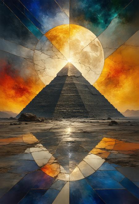 A breathtaking and otherworldly depiction of a planet orbiting three suns, with a colossal, reflective pyramid dominating its surface, rendered in a fractured, stained-glass Cubist style. The composition shatters the scene into geometric shards, showcasing multiple perspectives of the planet's scarred landscape, the intense solar flares, and the pyramidâs multifaceted surface. The palette explodes with vibrant oranges, yellows, and deep blues, contrasted by stark black lines and a soft, internal glow emanating from the pyramidâs reflective surfaces. Photorealistic textures of crystalline rock and shimmering solar winds blend seamlessly with the abstract fragmentation to create a sense of awe-inspiring scale and alien beauty. Ultra detailed, 8k resolution, volumetric lighting, octane render, emphasizing the dramatic lighting and reflective qualities of the pyramid and the intense solar activity.