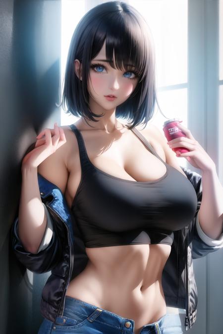 1girl, bangs, black hair, blue eyes, sakimichan, cleavage, collarbone, denim, hand up, jacket, jeans, looking at viewer, huge breasts, medium hair, midriff, off shoulder, pants, solo, tank top, upper body,mature female