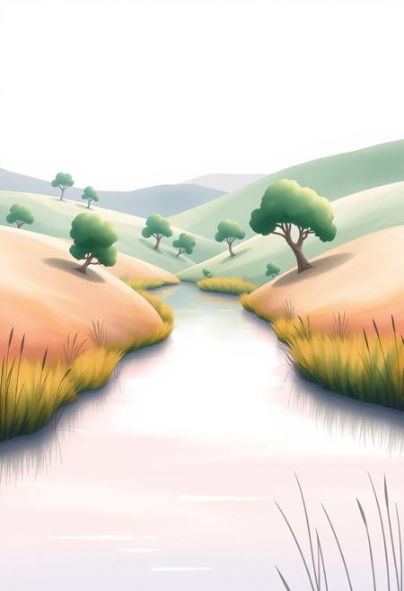 A serene watercolor landscape depicting a quiet river winding through gentle, lush hills beneath a soft pastel sky. The calm waters reflect muted pinks and pale blues, bordered by delicate outlines of reeds and tall grasses. Trees with rounded canopies in shades of emerald and olive dot the rolling terrain, their forms simplified and outlined with clean, fine lines. The light is soft and atmospheric, casting gentle, subtle shadows across the banks. The composition features a high-resolution digital painting style with vibrant yet restrained colors, allowing the scene to breathe emotionally. Each element—the water, sky, vegetation—communicates stillness and introspection. Nuanced textures in the foliage and surface of the water enhance the tranquil mood. The outdoor setting feels timeless, peaceful, and contemplative, rendered with clarity and artistic elegance.