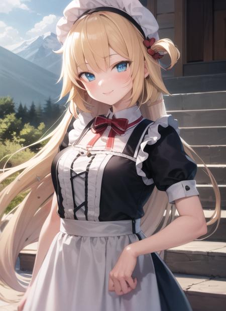 <lyco:akaihaato3-000007:1.0>, haatornd, standing, upper body, smile, blush, outdoors, day, simple background, blue sky, sky, temple, looking at viewer, stairs, mountain, moody lighting, facing viewer, white headwear, maid apron, maid outfit, maid,