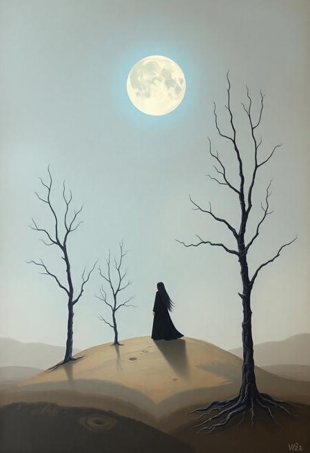 ((masterpiece)), ((best quality)), (minimalist surrealist style), [(Minimalist surrealist acrylic painting:1.25)::0.4], soft atmospheric palette of (muted blues, grays, and browns), (solitary figure) in a boundless dreamscape, glowing mystical moon above, barren skeletal trees creating negative space, (ethereal light), (spiritual ambiance), (dreamlike surrealism), (textured brush strokes), (visible canvas grain), (soft ambient glow), (artistic lighting creating a subtle aura), (emotional minimalism), surreal landscape composition, impasto-style texture, painted on canvas, melancholy yet serene mood