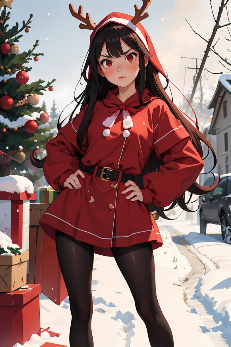 A cartoon drawing of a woman in a red Santa outfit posing in the snow.