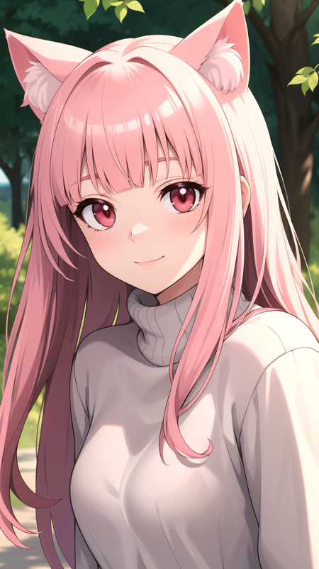 (best quality:1.1), (masterpiece:1.2), high quality shadow, beautiful detailed, beautiful face, detailed eyes, depth of field, highres, best shadow, best illumination,  1girl, looking at viewer, pink hair, long hair, blunt bangs, red eyes, light smile, cat ears, sweater, outdoors,