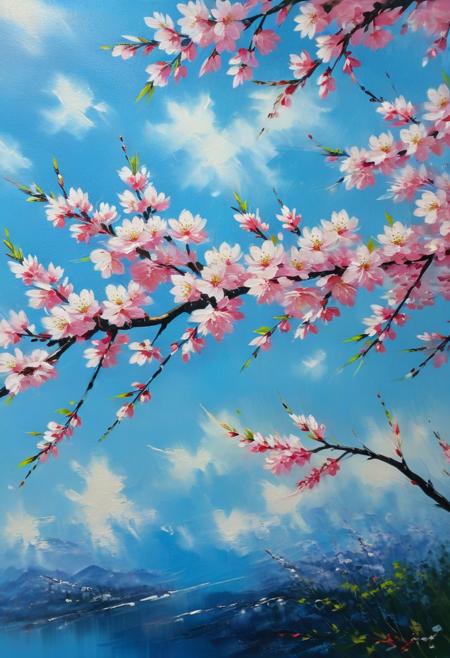 oil painting, Cherry blossoms, Sky (blue), Flowers (pink), Natural scenery, Fresh and clean, Cherry blossom tree, Springtime, Beautiful landscape, Sunlight, Warm atmosphere<lora:xl_more_art-full_v1:0.3><lora:oil_SDXL_v1.0:0.8>