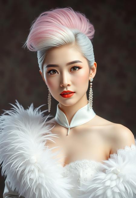 araffe woman in a white dress with a feathered shaw, fan bingbing, korean audrey hepburn, portrait of female korean idol, li bingbing, beautiful render of tang dynasty, female actress from korea, ice princess, pink crystal mohawk, portrait color glamour, anime barbie in white, korean women's fashion model, anime barbie doll, white hime cut hairstyle