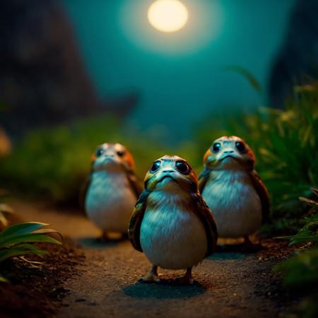 cinematic film still of  <lora:Porgs Bird:1.2>
Porgs Bird three birds are standing on a path at night In Star wars Universe, shallow depth of field, vignette, highly detailed, high budget, bokeh, cinemascope, moody, epic, gorgeous, film grain, grainy