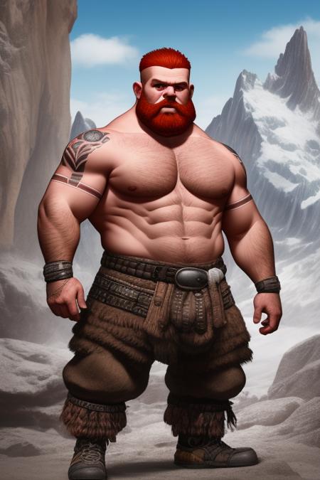 photo of a realistic (dwarf:1.2), (eyes wide open:2), full body shot, man, (short, stocky, broad shoulders,:1.7), (barbarian:1.3), action pose, leather pants, (screaming, angry:1.1), (ginger hair:1.2), (mohawk:1.3), (shirtless:1.5), (muscular:1.4), (mountain background:1.2), blue intricate tattoo, snow, axe, intricate details, detailed,  <lora:Dwarf_Diffusion:0.7>