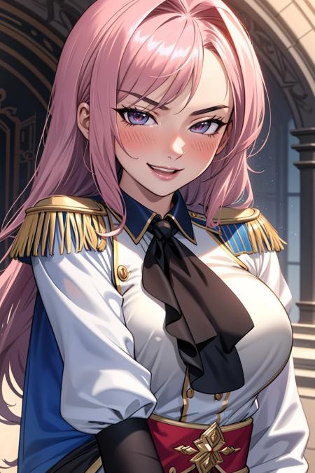 ((Masterpiece, best quality)),edgQuality,smirk,smug,
edgElegant, 1girl, solo, long hair, breasts, looking at viewer, blush, open mouth, epaulettes,wearing edgElegant
 <lora:edgElegant:1>