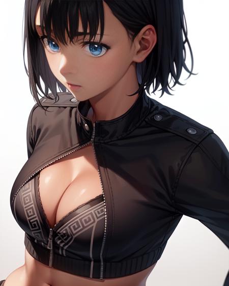 ((masterpiece,best quality, detailed)), ultra-detailed, detailed hair, hard rim lighting,((dramatic lighting)),sharp focus,kofune_mio , 1girl, solo, jacket, bow, breasts, red background, belt, black hair, midriff, clothing cutout, jacket on shoulders, cleavage, medium breasts, pants, cleavage cutout, navel, looking at viewer, high contrast, crop top, black bow, shadow, simple background, lips, cosplay, signature, cowboy shot