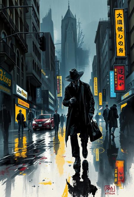 A noir detective navigating a rainy, bustling city, where loose ink strokes form the gritty cityscape, while glowing reflections shimmer on the wet pavement, blending traditional and digital styles seamlessly.
atmospheric realism with bold abstract expressionism, rich naturalistic color palette with high-contrast accents, rugged coastal landscapes with floating abstract symbols, detailed working-class figures blended with expressive textures, poetic fusion of realism and modernist abstraction, dynamic painterly brushwork