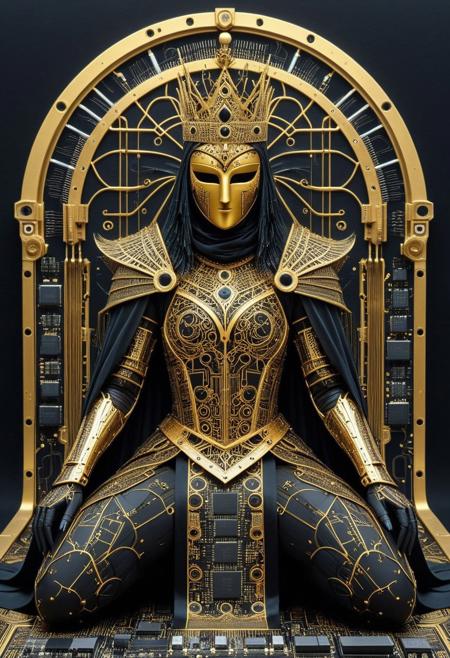 gothic circuit queen, faceless mask, gold filigree armor, mechanical raven, gold and black color 