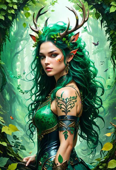 Nature's Guardian, ethereal aura, enchanted forest, vibrant foliage, leaf-adorned armor, fierce gaze, flowing locks, emerald eyes, intricate tattoos, verdant vines, woodland creatures, majestic stag companion, mystical staff, empowered stance, enchanted glow, forest canopy backdrop, ink illustration, Inkstains, splash art by Waterhouse, intricate details, Debbie Boom, Marc Allante, Wadim Kashin, reimagined and restyled by Anton Fadeev, deep color, depth of field, maximalism by Minjae Lee, CGSociety, rich contrast, Behance HD, Photoshop after effects.<lora:xl_more_art-full_v1:0.3>