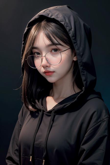 1girl with glasses, portrait of man, upper body, front, chest, looking_at viewer, black_hoodie, hood, simple_background, dark_background,
 <lora:_Barr_bie-02:1>