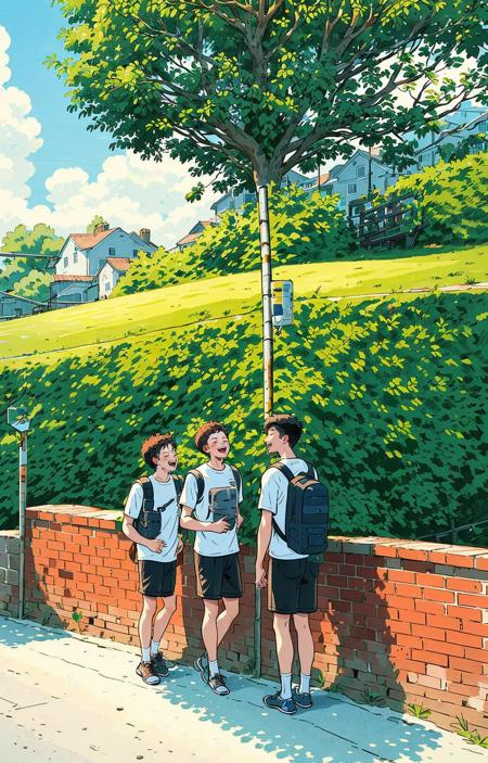 multiple boys, tree, 2boys, shirt, backpack, black hair, male focus, shorts, outdoors, white shirt, bag, pointing, short hair, short sleeves, smile, black shorts, day, vest, standing, socks, closed eyes, open mouth<lora:line illustrationa_20230901192549:0.83>