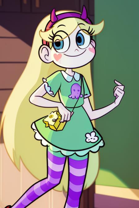 (masterpiece, best quality, high resolution:1.4), 1girl, woman, star butterfly, green squid outfit, horn_hairband, looking at viewer, purple striped pantyhose <lora:StarButterfly_v1.1:1>